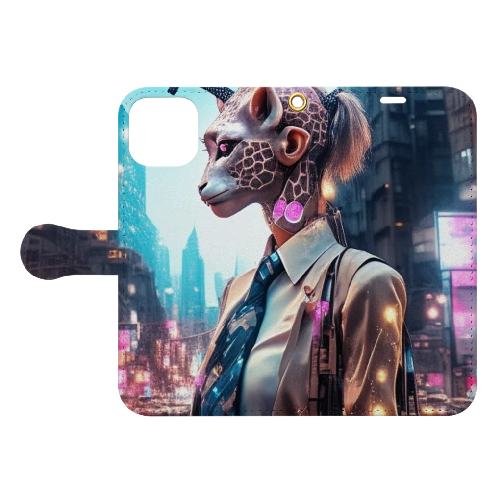 𝔔𝔘𝔒ℜℑ𝔄のCyberpunk giraffe 手帳型スマホケースを開いた場合(外側)