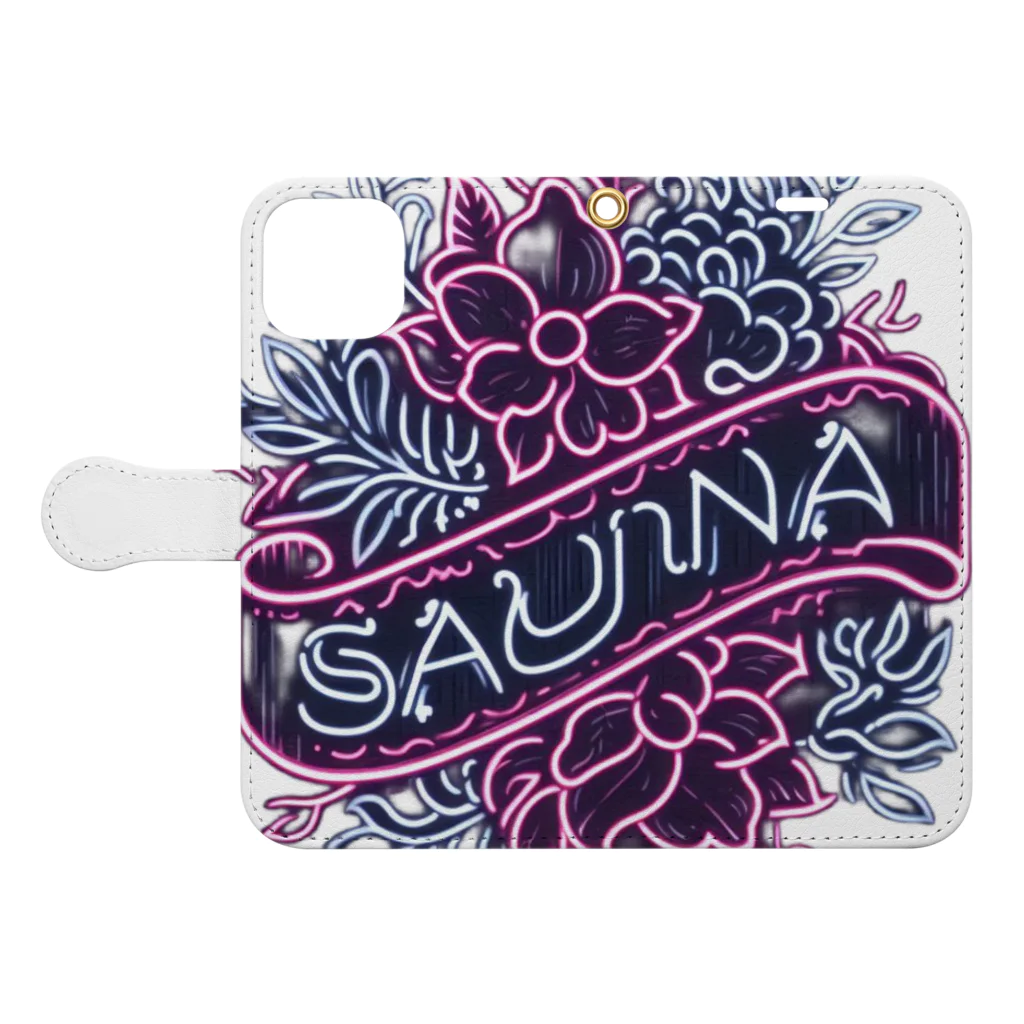 N SAUNA LOGOのネオン風花柄サウナロゴ11　花柄ver.4 手帳型スマホケースを開いた場合(外側)