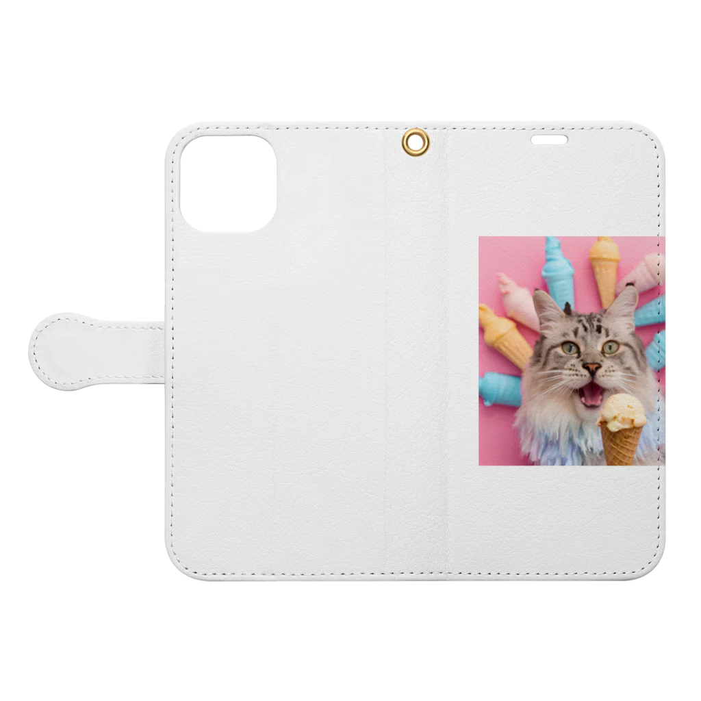 猫雑貨屋　ねこまろのアイスを食べた猫 Book-Style Smartphone Case:Opened (outside)