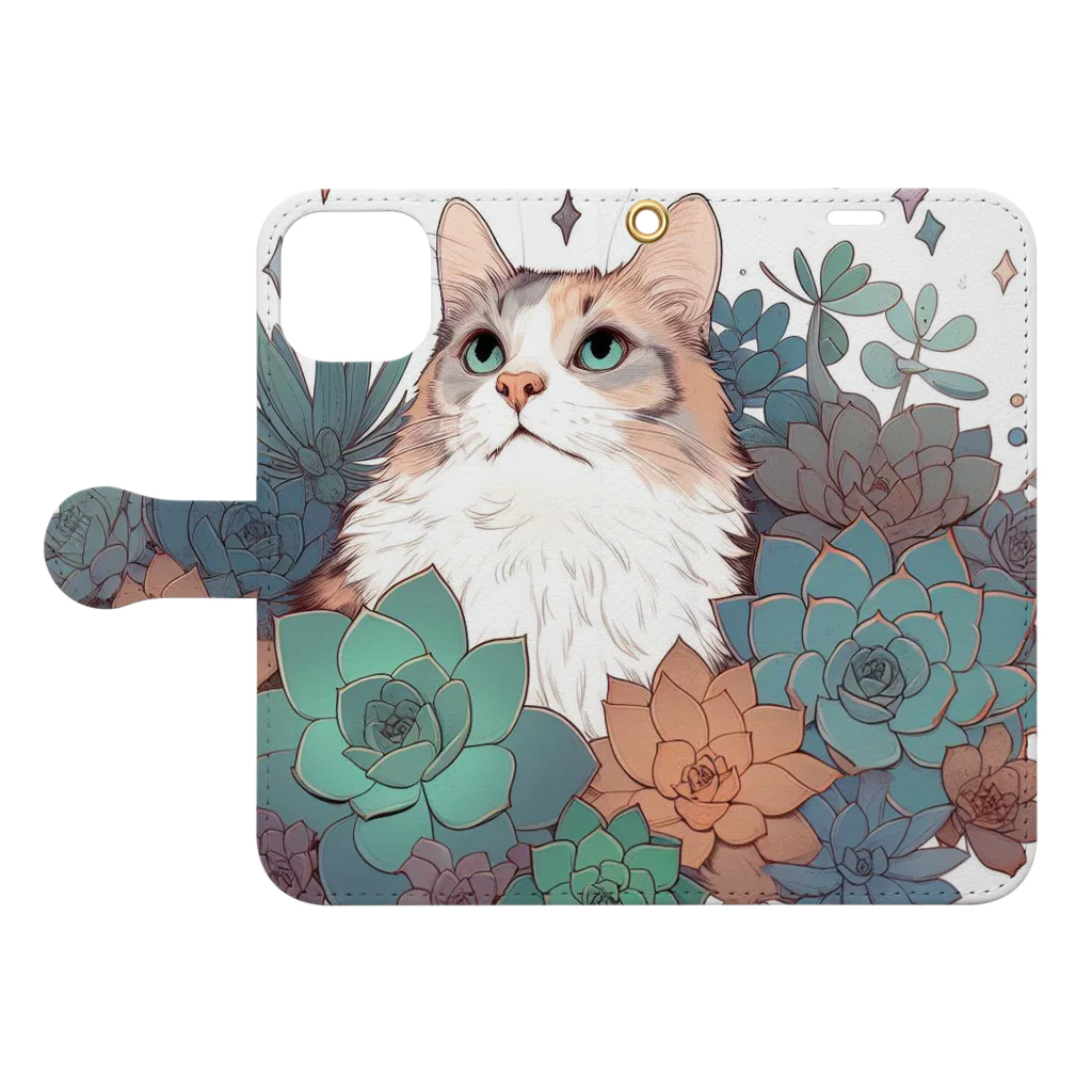 わんにゃんsucculentの猫と多肉 Book-Style Smartphone Case:Opened (outside)