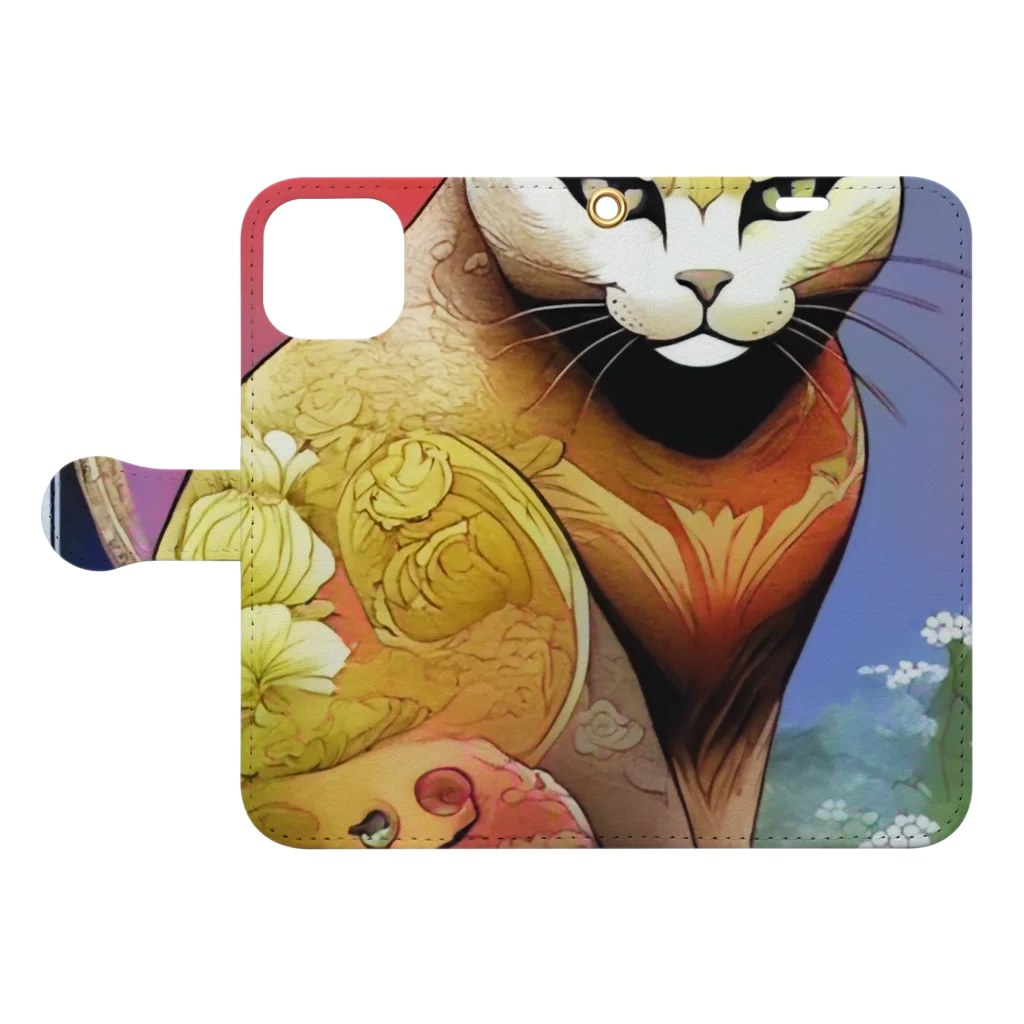 wawomotsuのねこあつめ 日本画風 可愛らしい猫たちのアートプリント 手帳型スマホケースを開いた場合(外側)