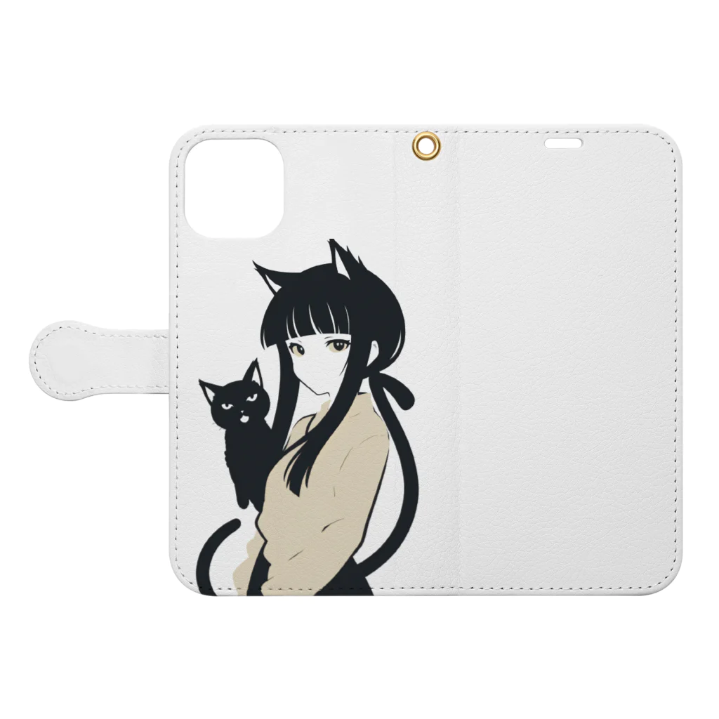 ChamarelliArtの黒猫の少女 Book-Style Smartphone Case:Opened (outside)