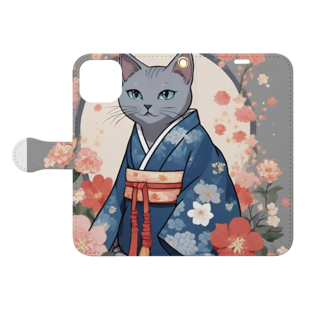 coco_peroのお正月の着物を着たロシアンブルーの猫ちゃんグッズ Book-Style Smartphone Case:Opened (outside)