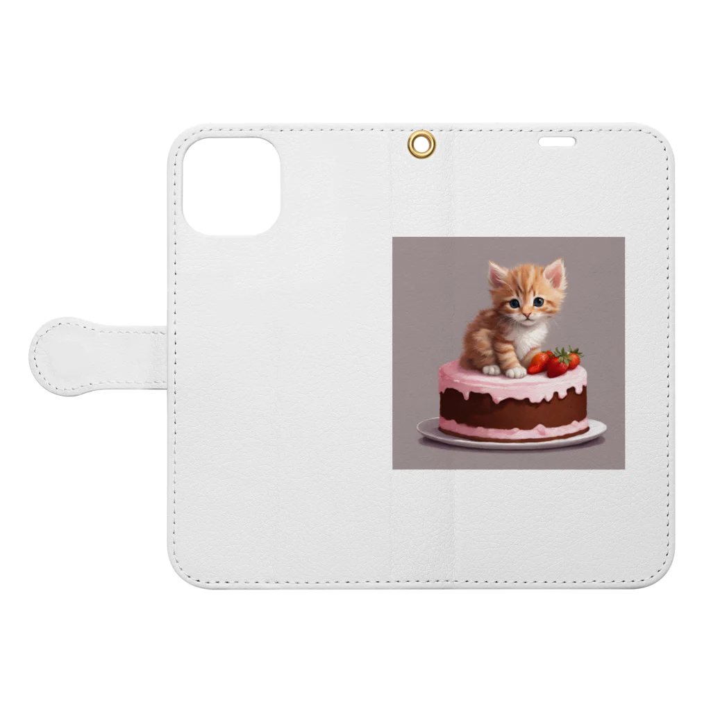 にゃんこぷにのケーキの上の仔猫ちゃん Book-Style Smartphone Case:Opened (outside)