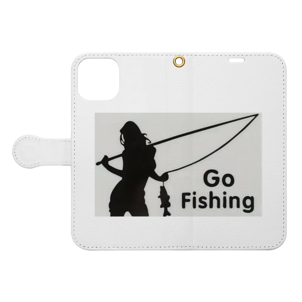 No Fishing No Life の釣り女子 Book-Style Smartphone Case:Opened (outside)