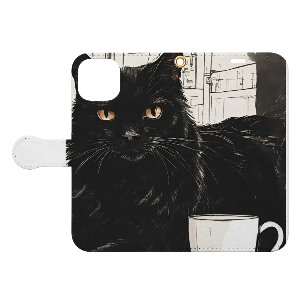 kuroneko0405の黒猫とコーヒー③ Book-Style Smartphone Case:Opened (outside)