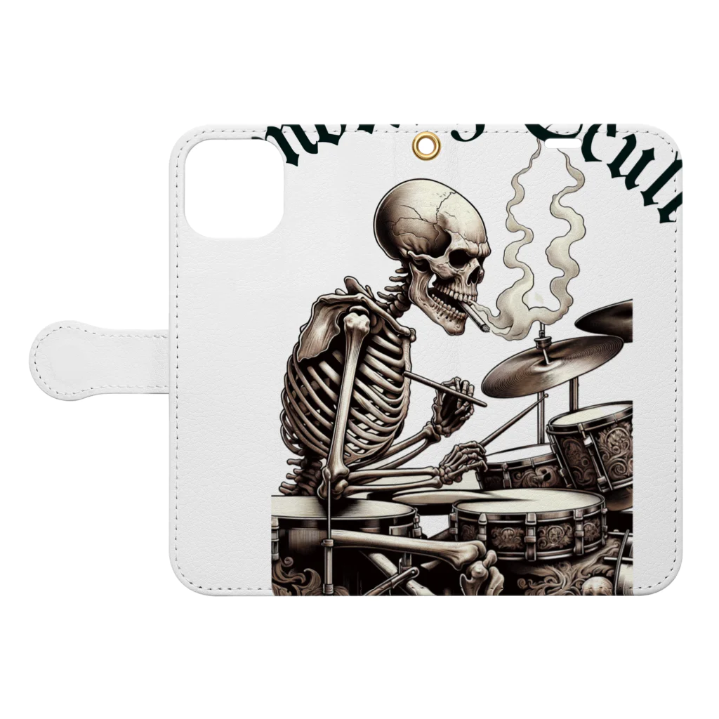 Whatever Storeのsmoking　skull （ドラムバージョン） 手帳型スマホケースを開いた場合(外側)