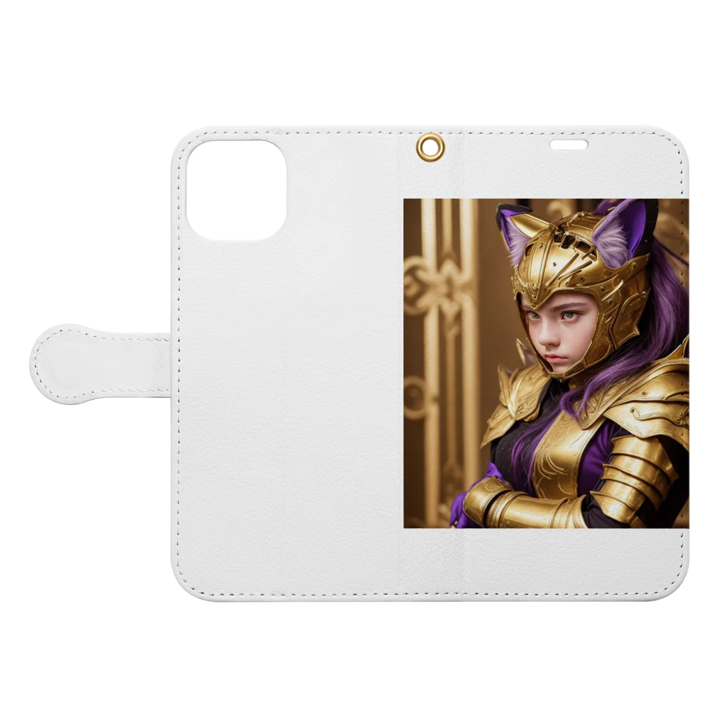 ZZRR12の「金光輝く勇気：女性猫耳戦士の守護の証」 Book-Style Smartphone Case:Opened (outside)