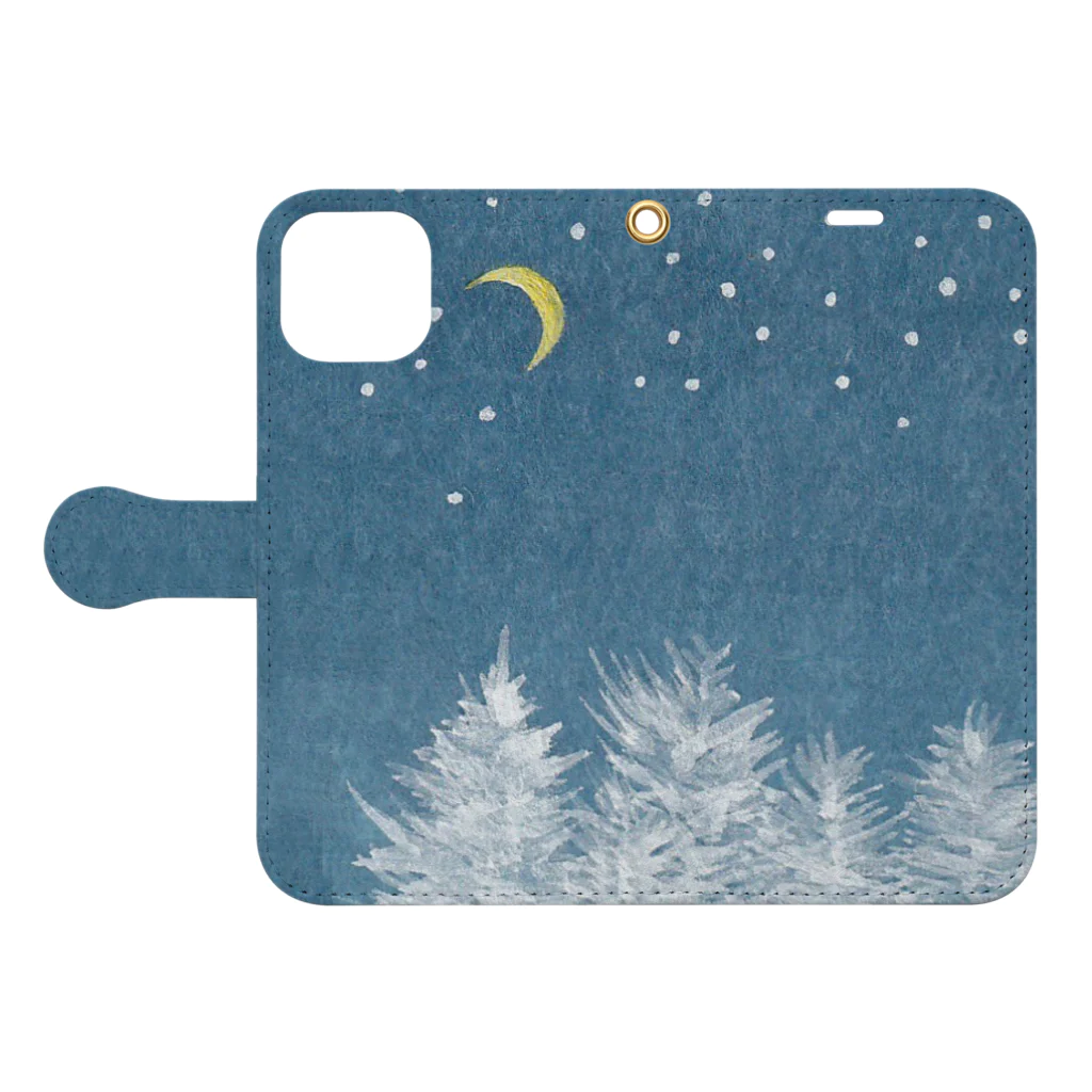 森の中の冬の夜の森と三日月 Book-Style Smartphone Case:Opened (outside)