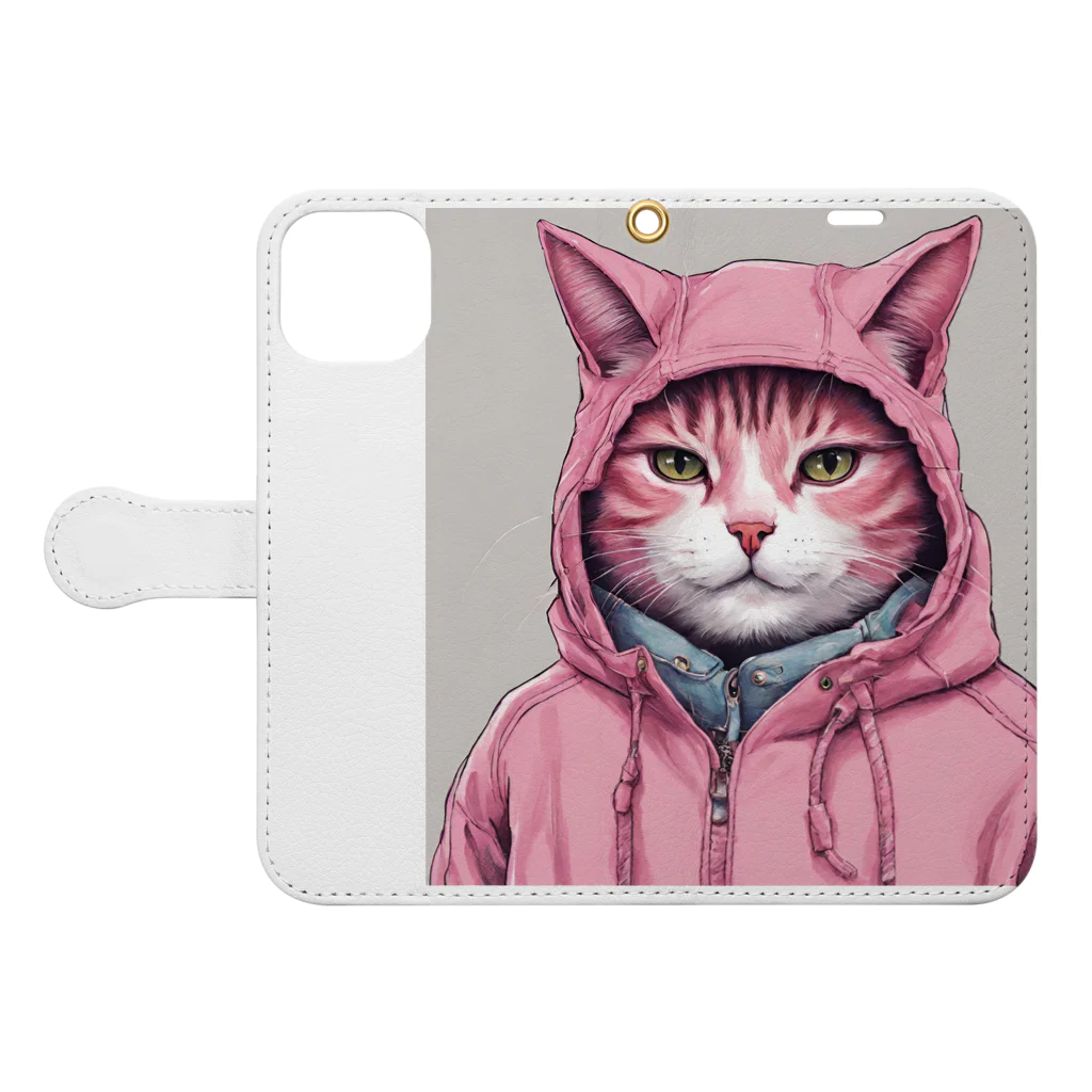 Peach-Pieのパーカーを着たピンク猫 Book-Style Smartphone Case:Opened (outside)