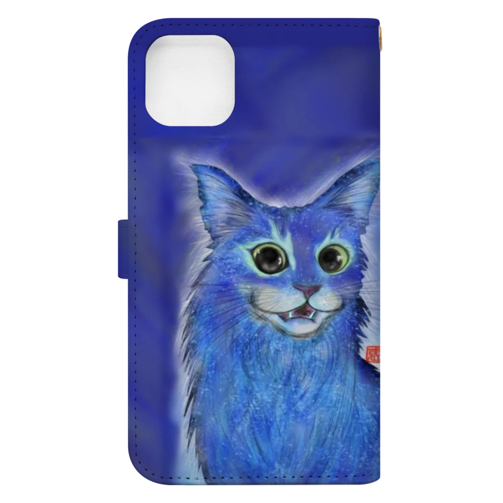 Crazy❤︎for Maincoon 猫🐈‍⬛Love メインクーンに夢中の青い猫iPhone15Plus Book-Style Smartphone Case :back