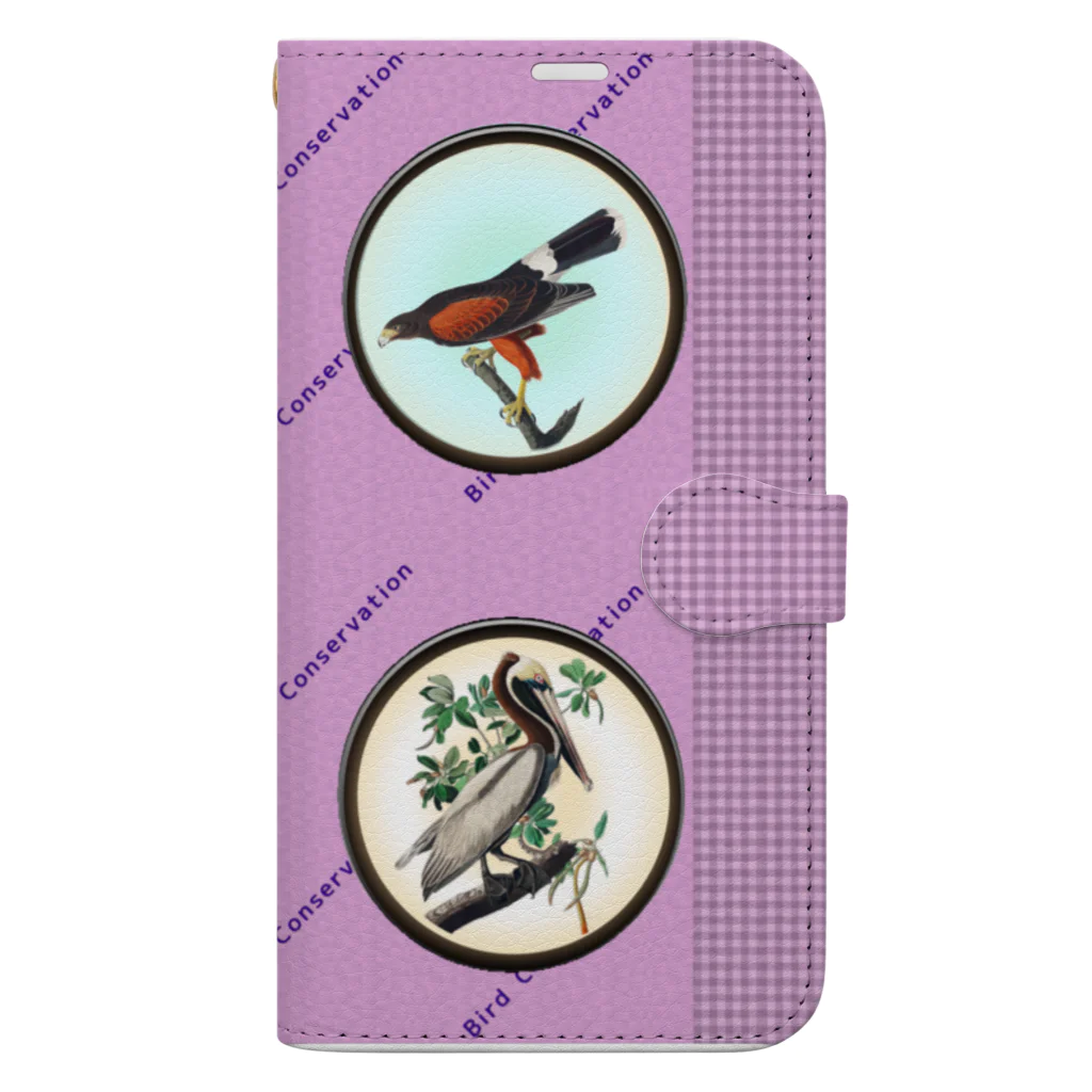 アニマル四字熟語の野鳥保護　手帳型スマホケース　Pink「Bird conservation」 Book-Style Smartphone Case