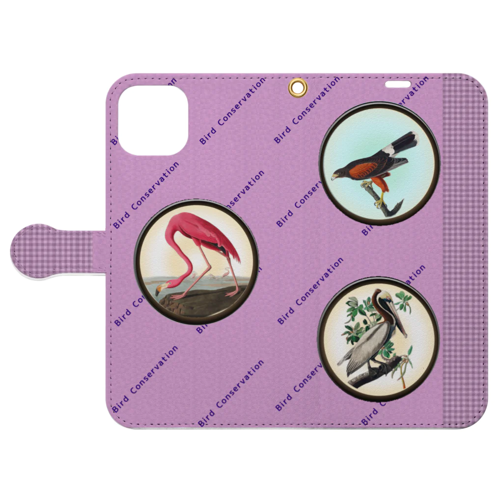 アニマル四字熟語の野鳥保護　手帳型スマホケース　Pink「Bird conservation」 Book-Style Smartphone Case:Opened (outside)
