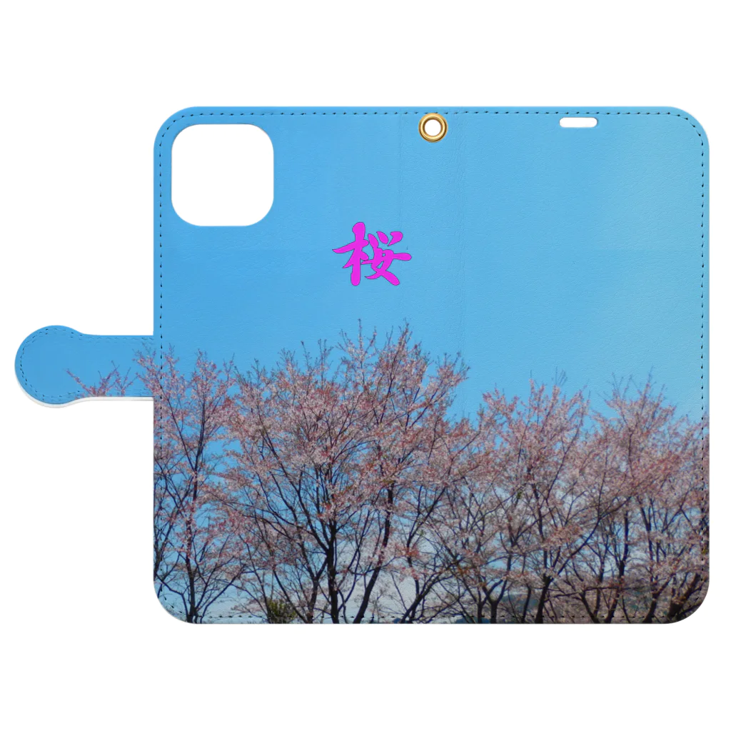 大正ロマン・昭和モダンのさくら　桜の木　青い空 手帳型スマホケースを開いた場合(外側)