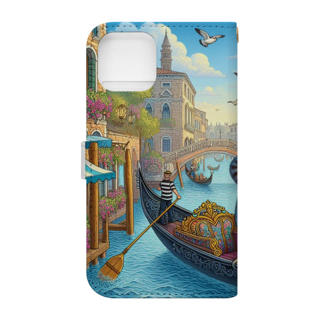 ニャーちゃんショップのヴェネツィアの水路でゴンドラに乗っているネコ Book-Style Smartphone Case :back