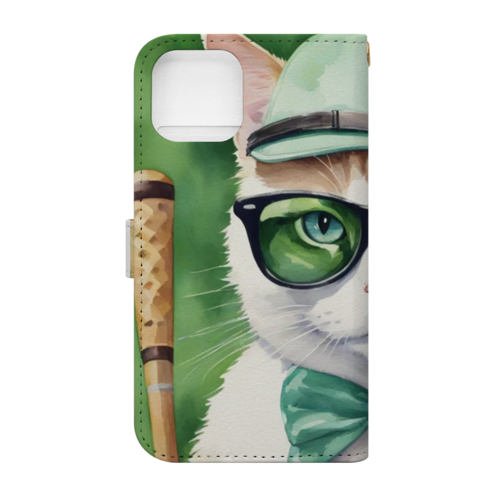 ryusky_333のサングラスをかけた猫がゴルフに集中！ Book-Style Smartphone Case :back