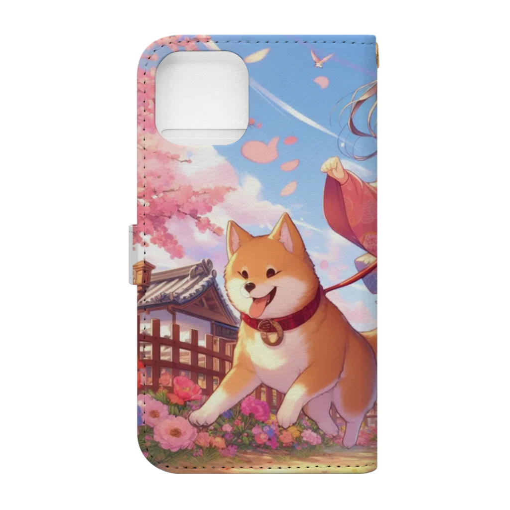 推しの美少女とアイドルの桜の中を犬と走る女の子 Book-Style Smartphone Case :back