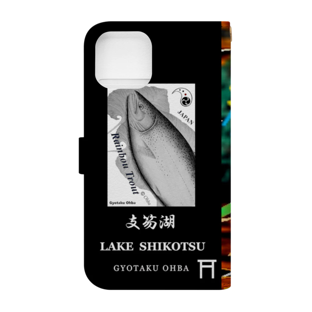 G-HERRINGの支笏湖 ニジマス（ LAKE SHIKOTSU；鳥居 ）あらゆる生命たちへ感謝をささげます。 Book-Style Smartphone Case :back