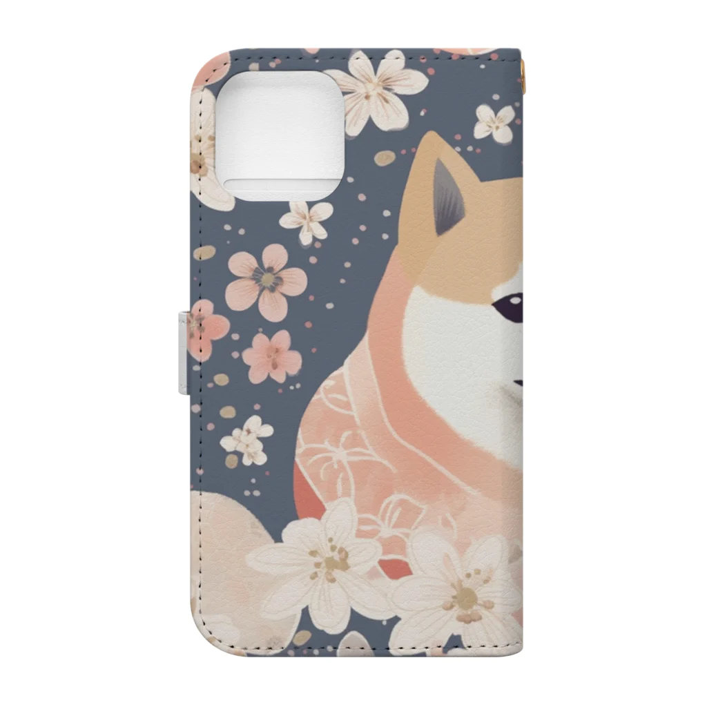 Grazing Wombatの日本画風、柴犬と桜２-Japanese-style painting of a Shiba Inu with cherry blossoms 2 手帳型スマホケースの裏面