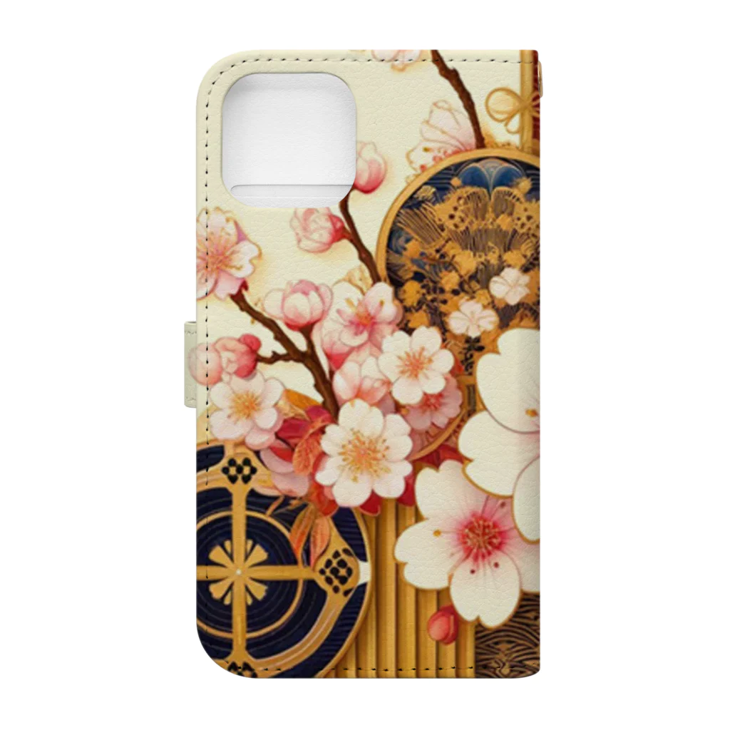 ◥(M)◤の和柄×桜×一松柄 Book-Style Smartphone Case :back