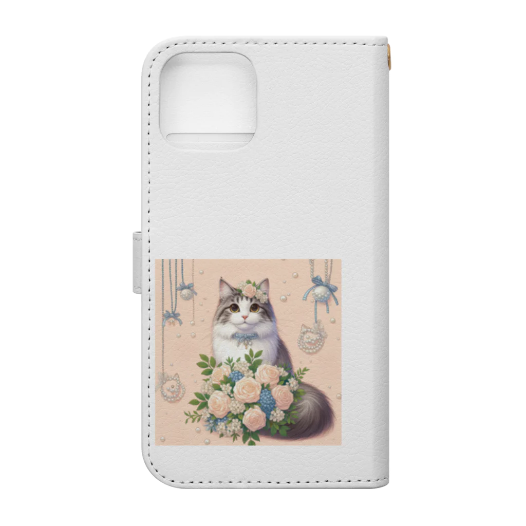Y m @Y's shopの猫と薔薇　パールver. Book-Style Smartphone Case :back