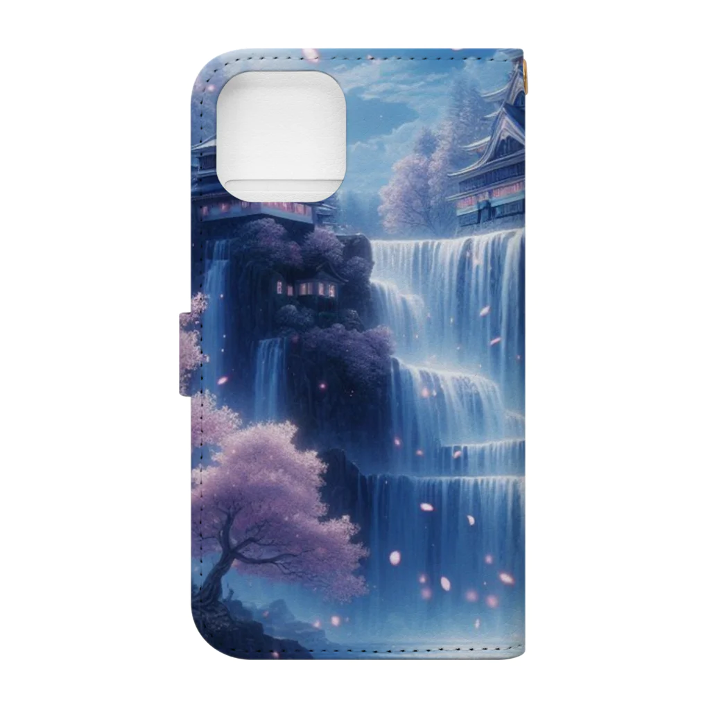 美女 アニメ 風景 の広大な滝 夜桜 Book-Style Smartphone Case :back