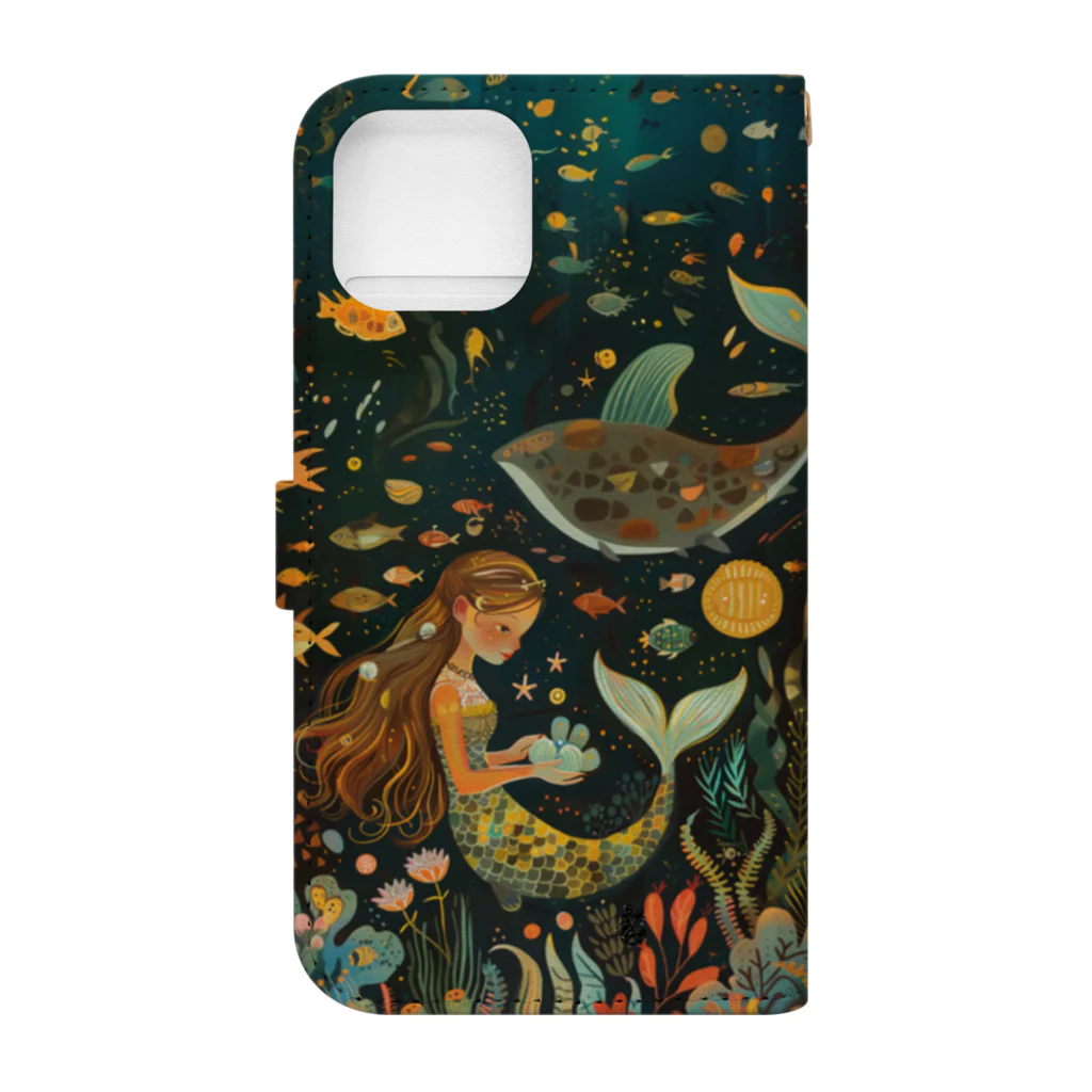 人魚堂の宝石を眺める人魚の手帳型スマホケース Notebook phone case of a mermaid gazing at jewels. Book-Style Smartphone Case :back