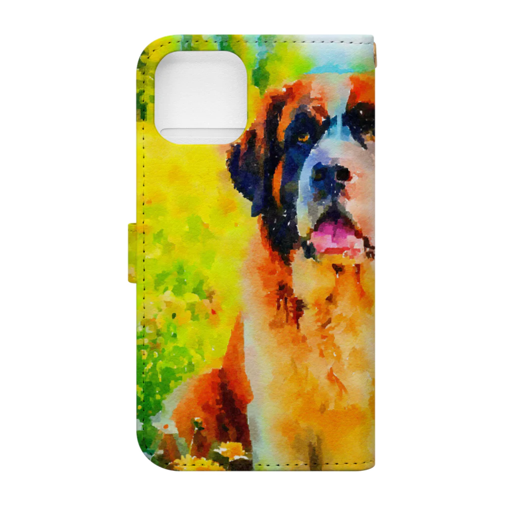 犬好きのしましまの水彩画の犬 花畑のセントバーナードのイラスト Book-Style Smartphone Case :back