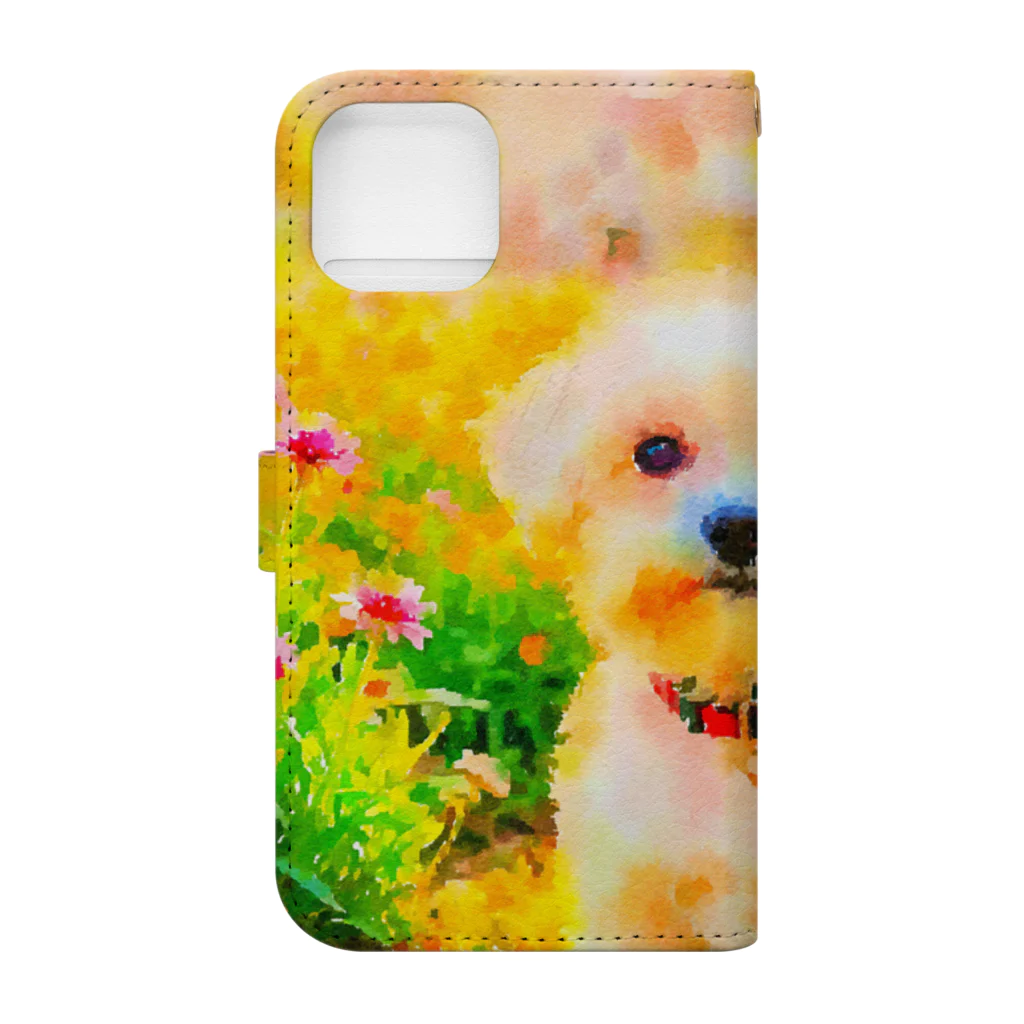 犬好きのしましまの水彩画の犬 花畑のマルチーズのイラスト Book-Style Smartphone Case :back