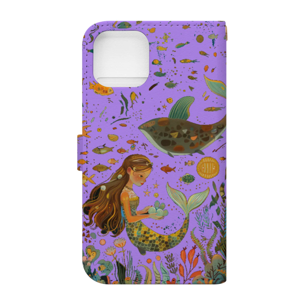 人魚堂の宝石を眺める人魚の手帳型スマホケース(藤色) Notebook phone case of a mermaid gazing at jewels.  (wisteria) 手帳型スマホケースの裏面