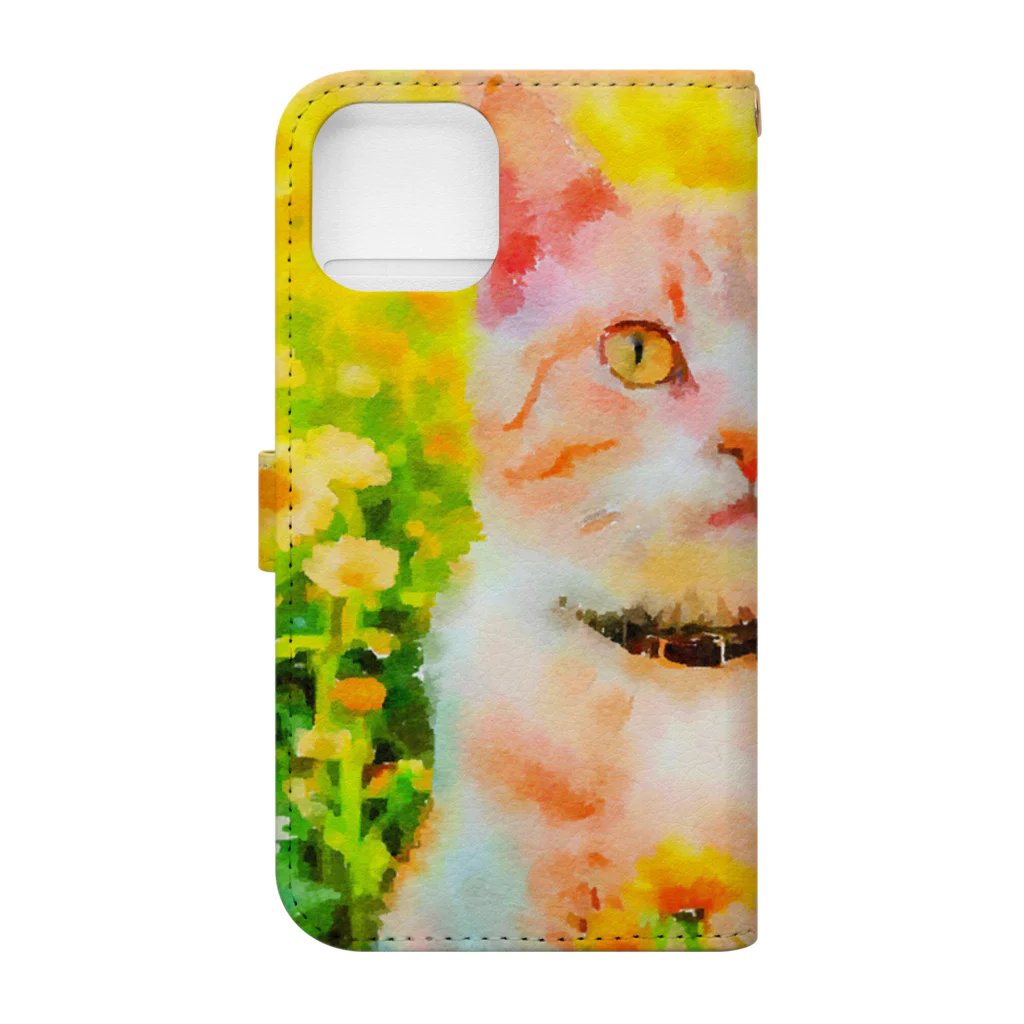 猫好きの谷の猫の水彩画/花畑のチャシロねこのイラスト/茶白ネコ Book-Style Smartphone Case :back