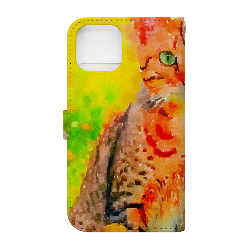 猫好きの谷の猫の水彩画/花畑のオシキャットねこのイラスト/キジトラネコ Book-Style Smartphone Case :back