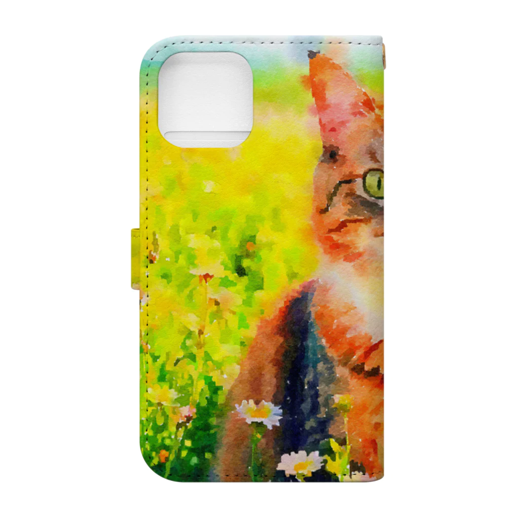 猫好きの谷の猫の水彩画/花畑のマンクスねこのイラスト/キジトラネコ Book-Style Smartphone Case :back