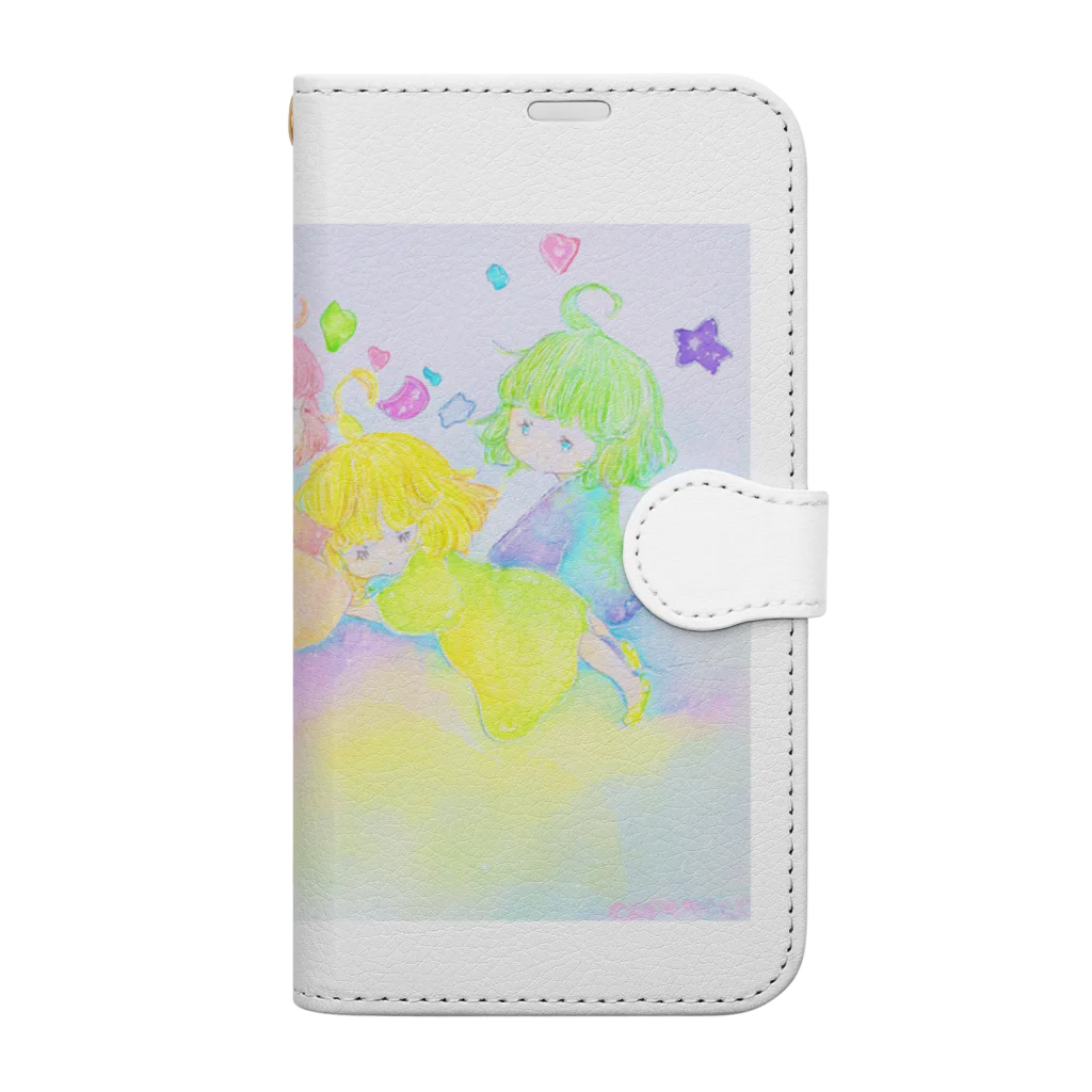 こぺもこイラストのキラキラレインボー🌈 手帳型スマホケース