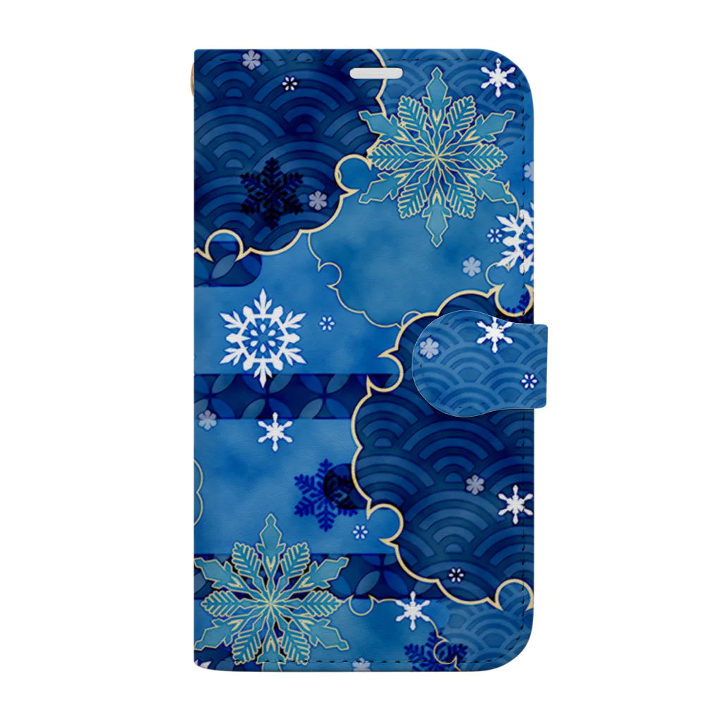 このはな素材屋のグッズ屋の雪の和柄001（青色） 手帳型スマホケース