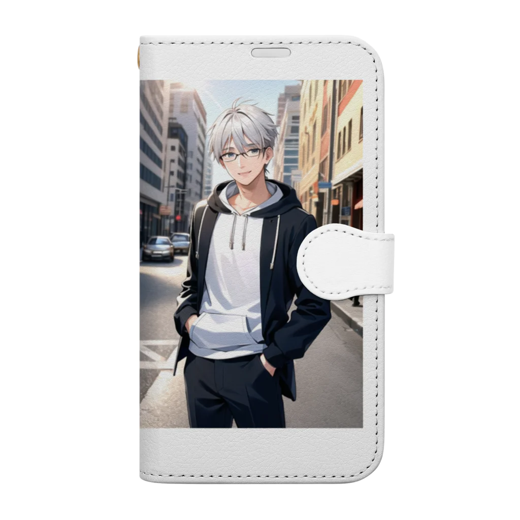 ほっこりアニメマートの白髪メガネ男子 Book-Style Smartphone Case