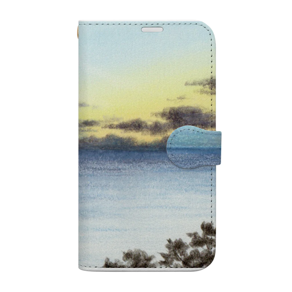 水彩色鉛筆チャンネルの夕暮れの海（水彩色鉛筆画） 手帳型スマホケース