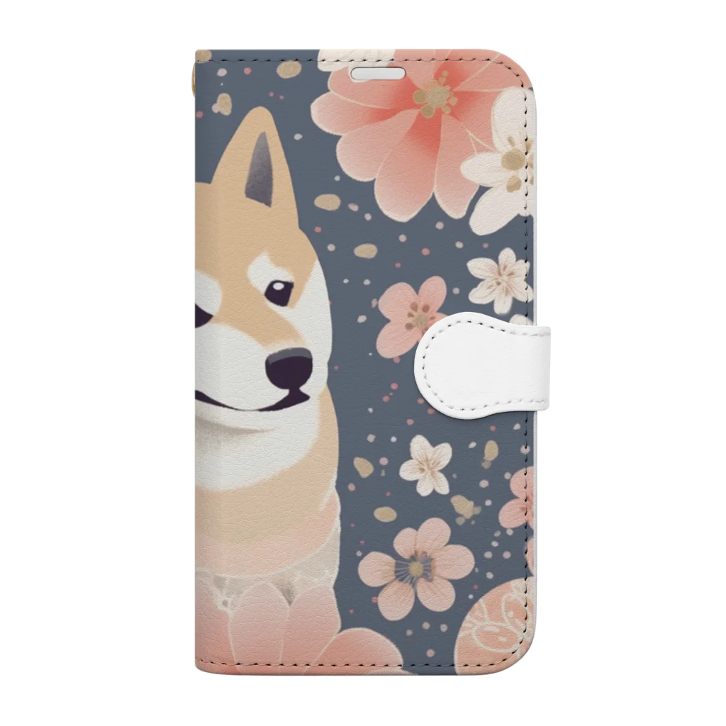 Grazing Wombatの日本画風、柴犬と桜２-Japanese-style painting of a Shiba Inu with cherry blossoms 2 手帳型スマホケース