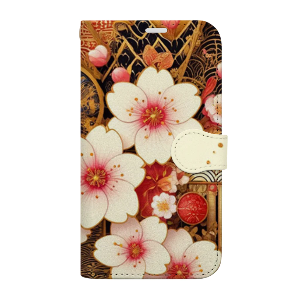 ◥(M)◤の和柄×桜×一松柄 Book-Style Smartphone Case