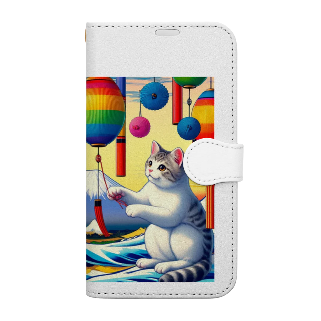 EMAKIの和紋様 x 猫　風鈴波富士と猫 Book-Style Smartphone Case