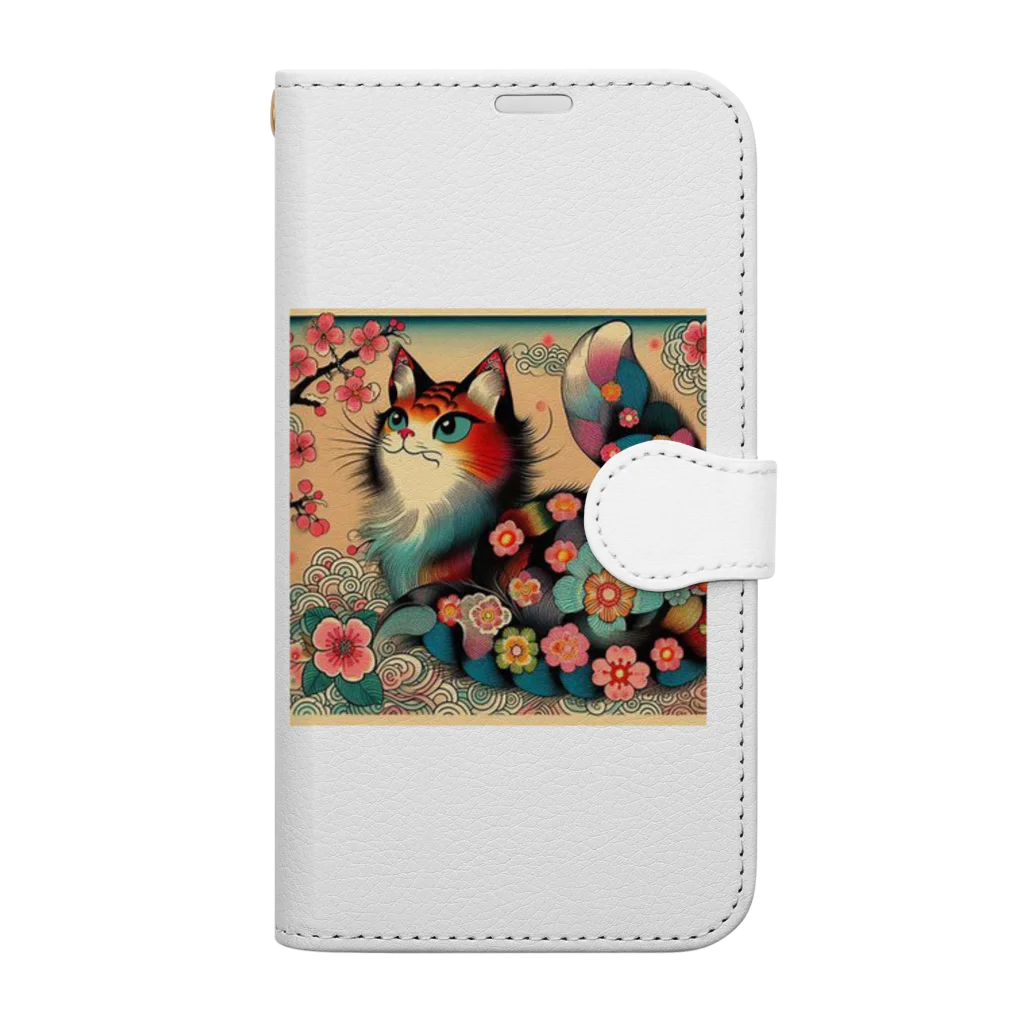 chaochao0701の浮世絵風　カラフル猫「Ukiyo-e-style Colorful Cat」「浮世绘风格的多彩猫」 手帳型スマホケース