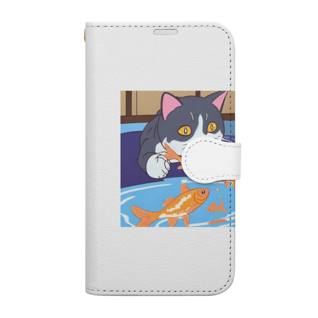 Chama's shopの猫と金魚 手帳型スマホケース