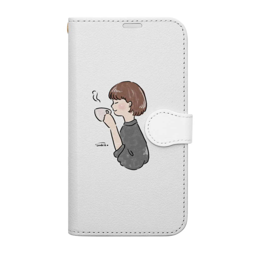 Sakikoのほっとひと息つく女の子　グレー Book-Style Smartphone Case