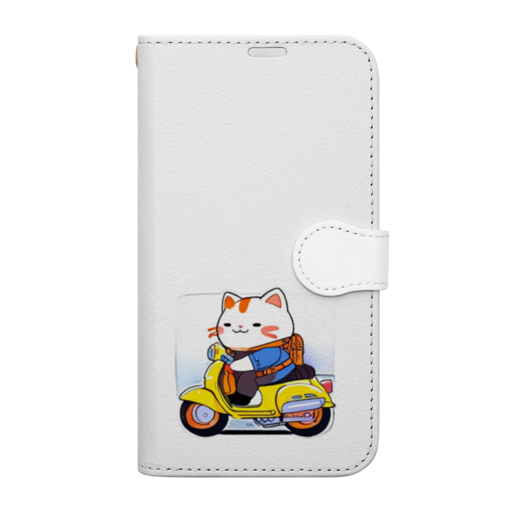 ねこの家のデブネコ黄色のバイク乗る 手帳型スマホケース