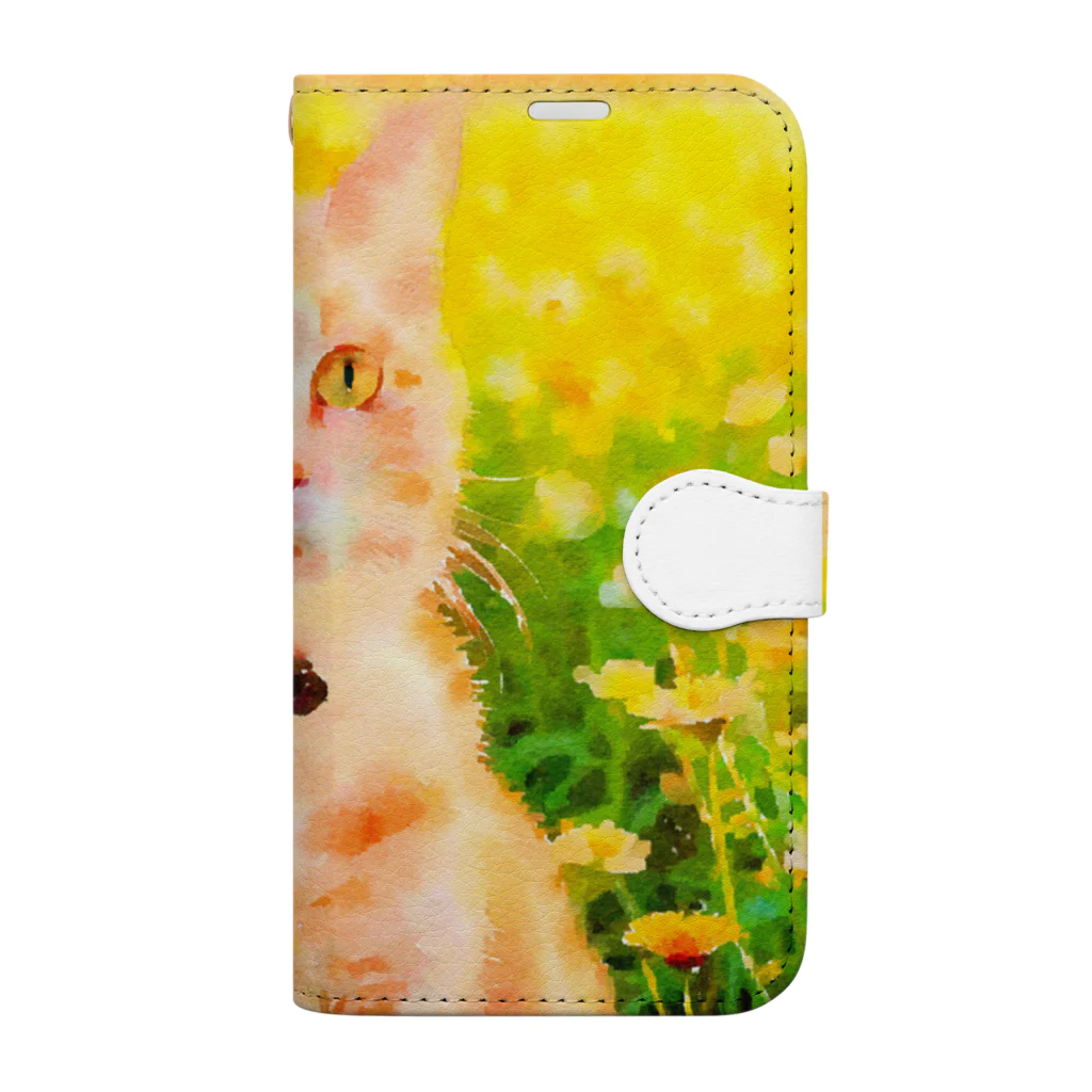 猫好きの谷の猫の水彩画/花畑のチャシロねこのイラスト/茶白ネコ Book-Style Smartphone Case