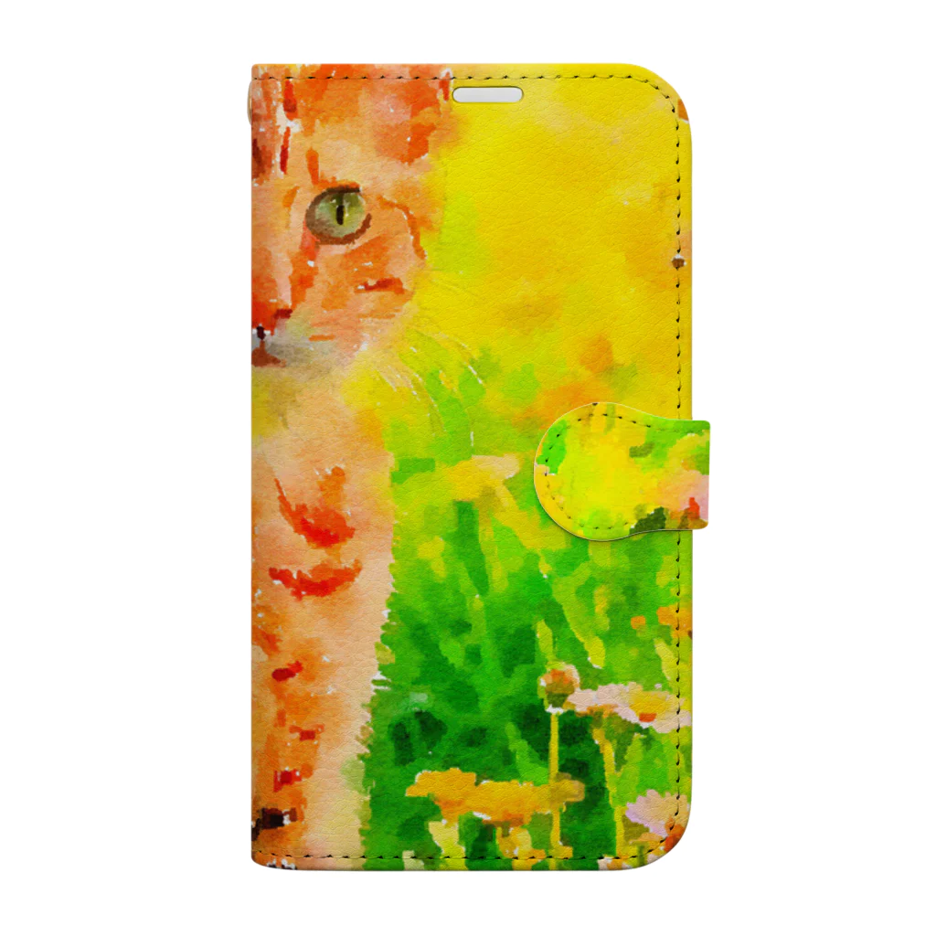 猫好きの谷の猫の水彩画/花畑のオシキャットねこのイラスト/キジトラネコ Book-Style Smartphone Case