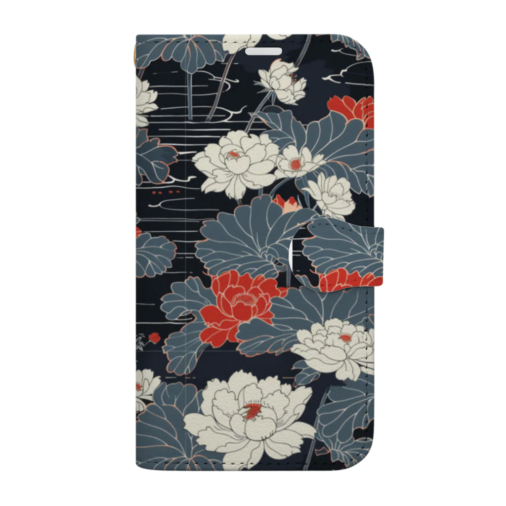 奏桃服店のTranquil Lotus Pond Pattern Book-Style Smartphone Case
