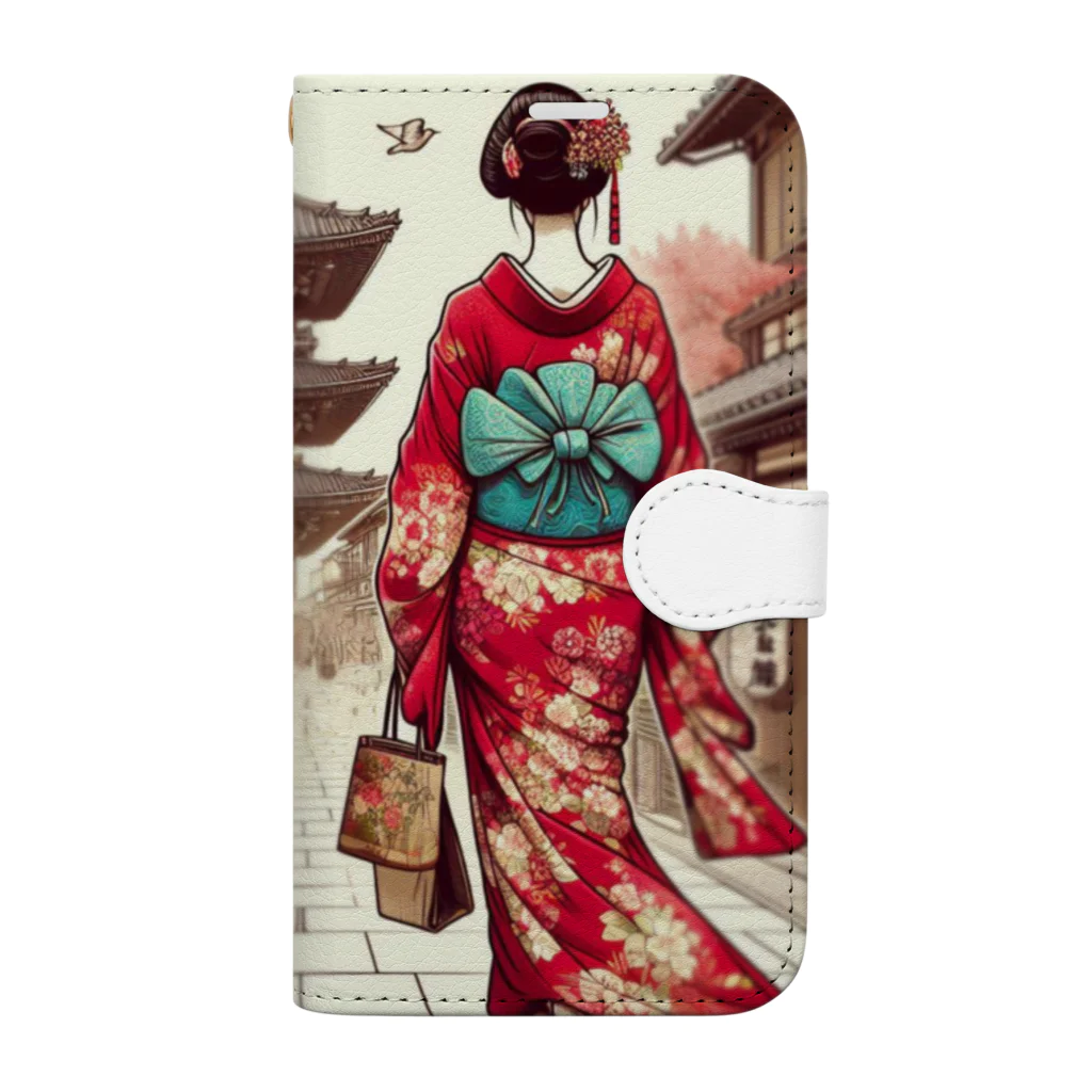 yuchijapanの京都を歩く着物美人イラスト Book-Style Smartphone Case