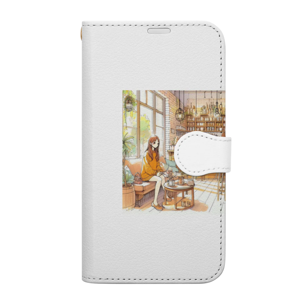 tattat259のカフェでくつろぐ女の子 Book-Style Smartphone Case