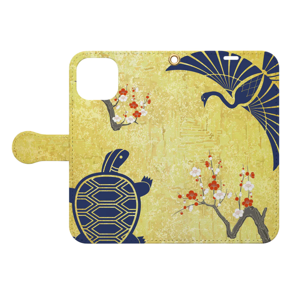 Musashi和柄Shop 【Japanese pattern】の鶴亀紅白梅手帳型スマホケース Book-Style Smartphone Case:Opened (outside)